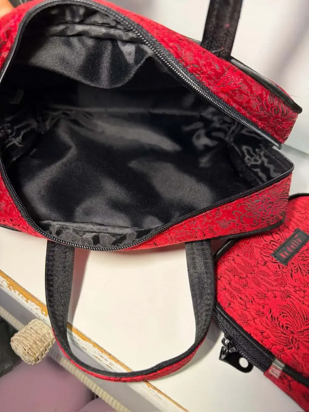 Modella Red Floral Brocade Cosmetic Makeup Bag Set